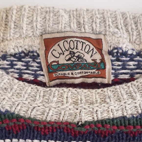 VTG CJ Cotton Navy Green 3D Biggie Cottagecore Eclectic Crewneck Knit Sweater XL - Picture 9 of 9